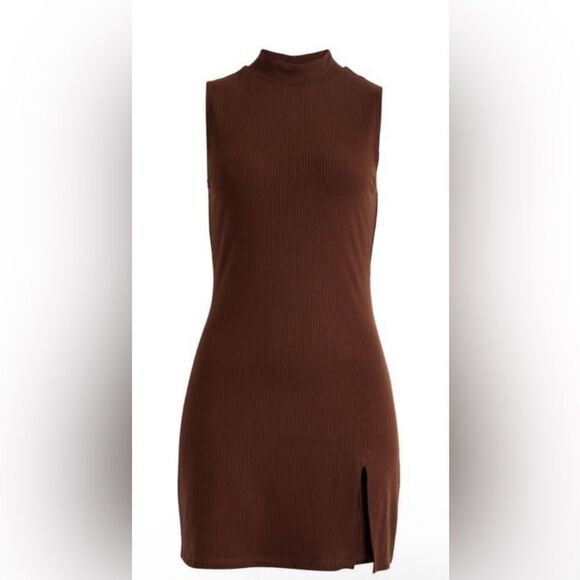 Reformation medium Skylar Mock Neck Rib Mini Dress Brown - Picture 1 of 5